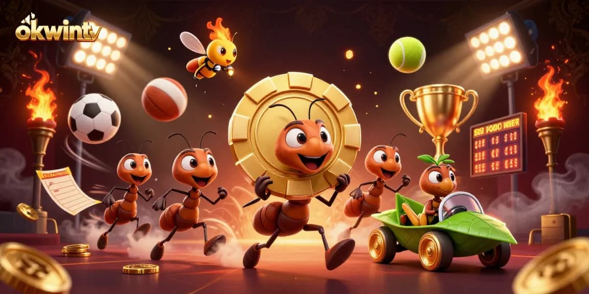 Engage in thrilling poker activities at okwintv with a dynamic 3D heist illustration featuring playful ants.