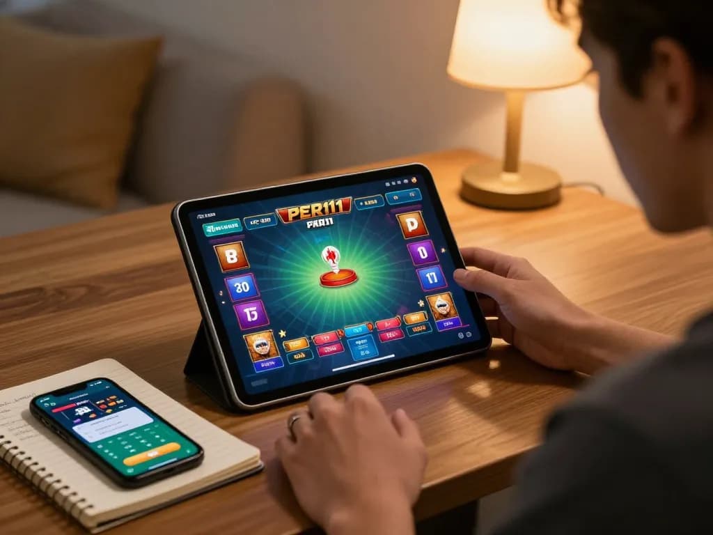 Engaging in online gambling with PERI11 on a tablet in a cozy home setup