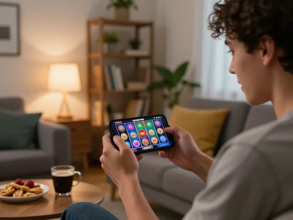 Pemain menikmati permainan slot mobile pandawin di smartphone dalam suasana rumah yang nyaman.