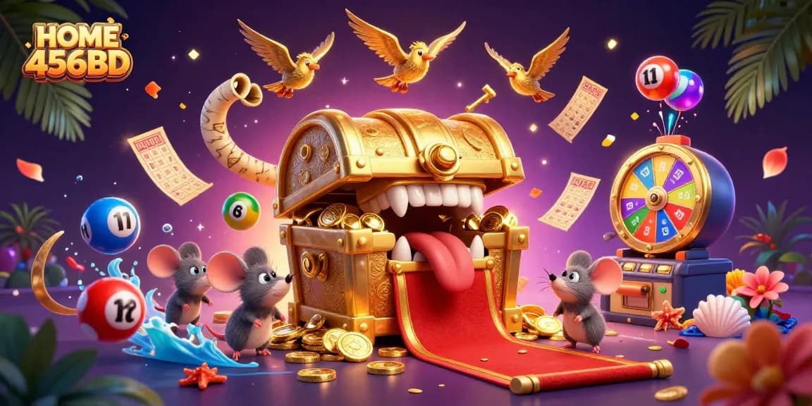 Engage in casino fun with HOME 456BD's vibrant treasure chest and dynamic lottery scene.