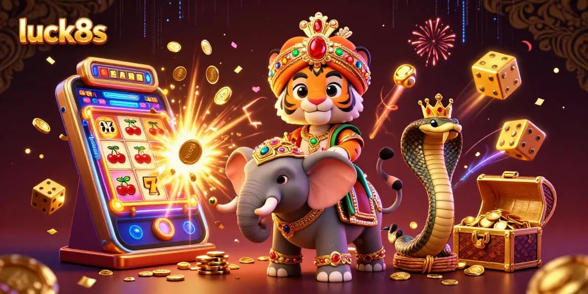 Experience excitement with luck8s at a vibrant casino, featuring a cartoon maharaja, elephant, and rich game elements.