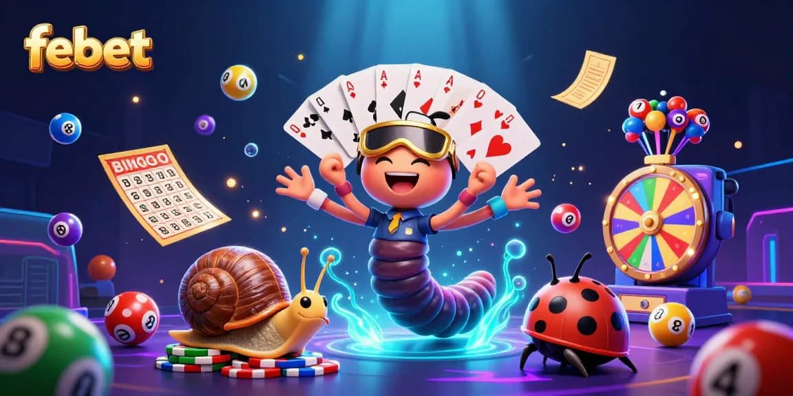 Febet engages players with an exciting casino scene featuring a lively cartoon millipede dealer and high-rollers.