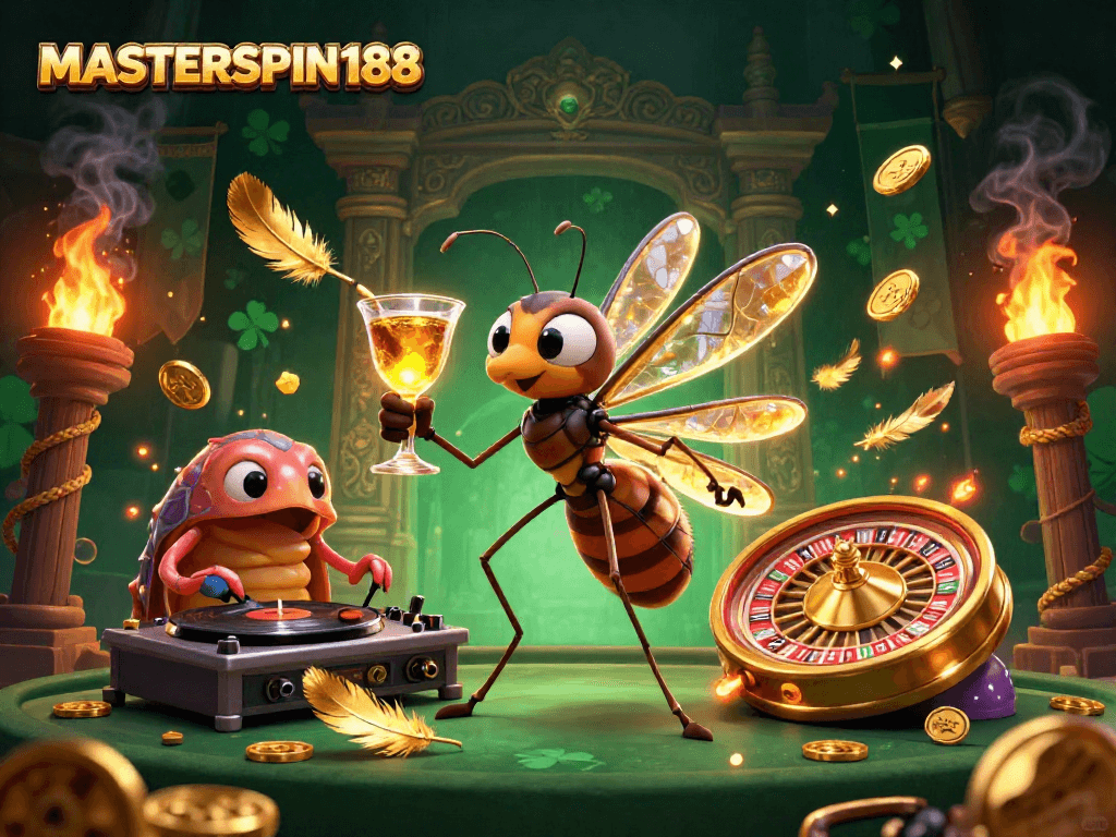 Engage with MASTERSPIN188 through this vibrant casino-themed illustration featuring unique characters.