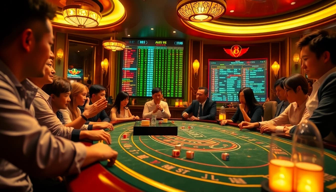 Experience excitement at luck8 tài xỉu with players enjoying the thrilling game surrounded by dice and betting chips.