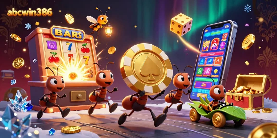 Masuk ke abcwin386 dengan slot dan simbol keberuntungan dalam ilustrasi kasino yang menarik.