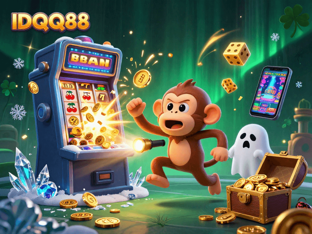 Engage in thrilling gameplay with IDQQ88 as the poltergeist monkey juggles casino riches.