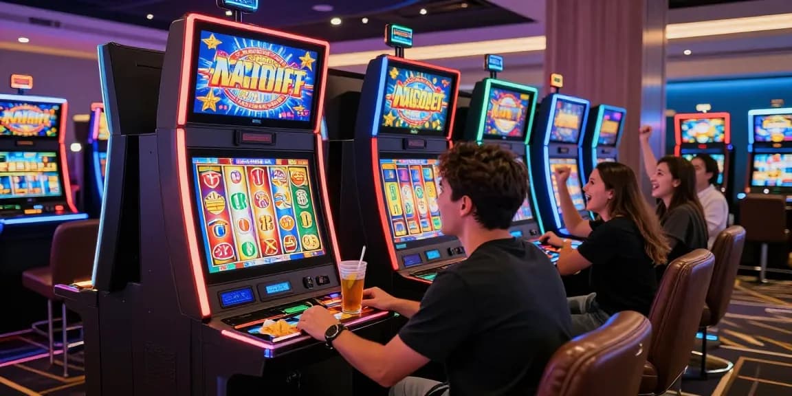 Excited player engaging with a slot gacor machine in vibrant casino atmosphere.