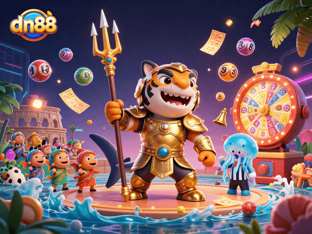 Engage with dn88's vibrant lottery extravaganza featuring dynamic characters in a lively casino setting.