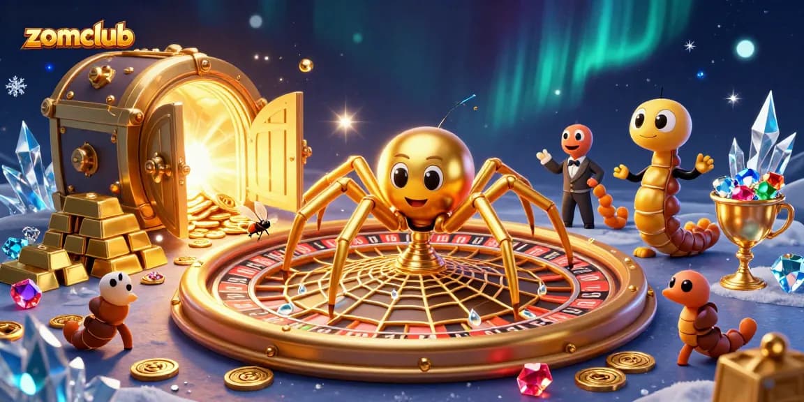 Zomclub offers thrilling gaming experiences as a fly bets nervously by a roulette wheel in a casino web.