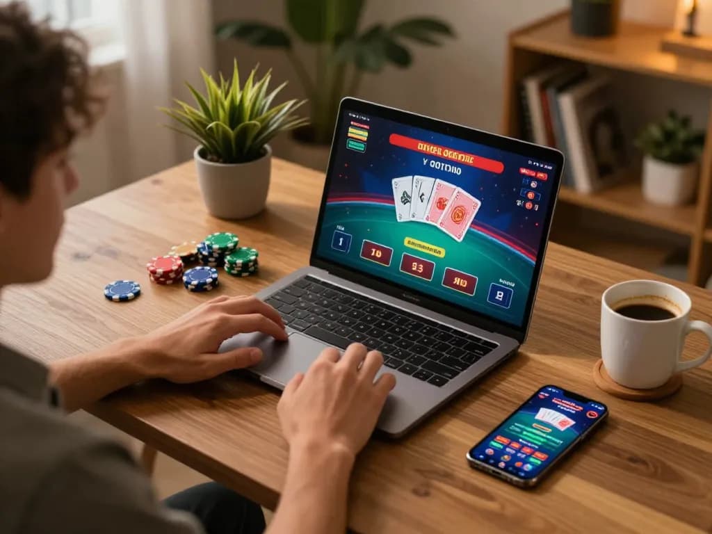 Engaging with EK333 live dealer games on a cozy laptop setup, showcasing strategic online gambling.