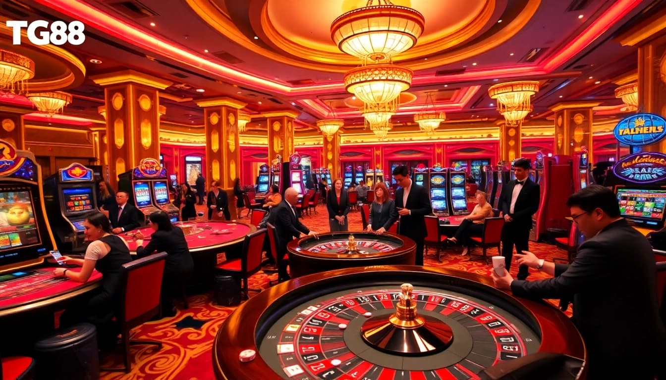 Engaging in thrilling games at TG88 casino featuring poker tables, roulette, and vibrant slot machines.