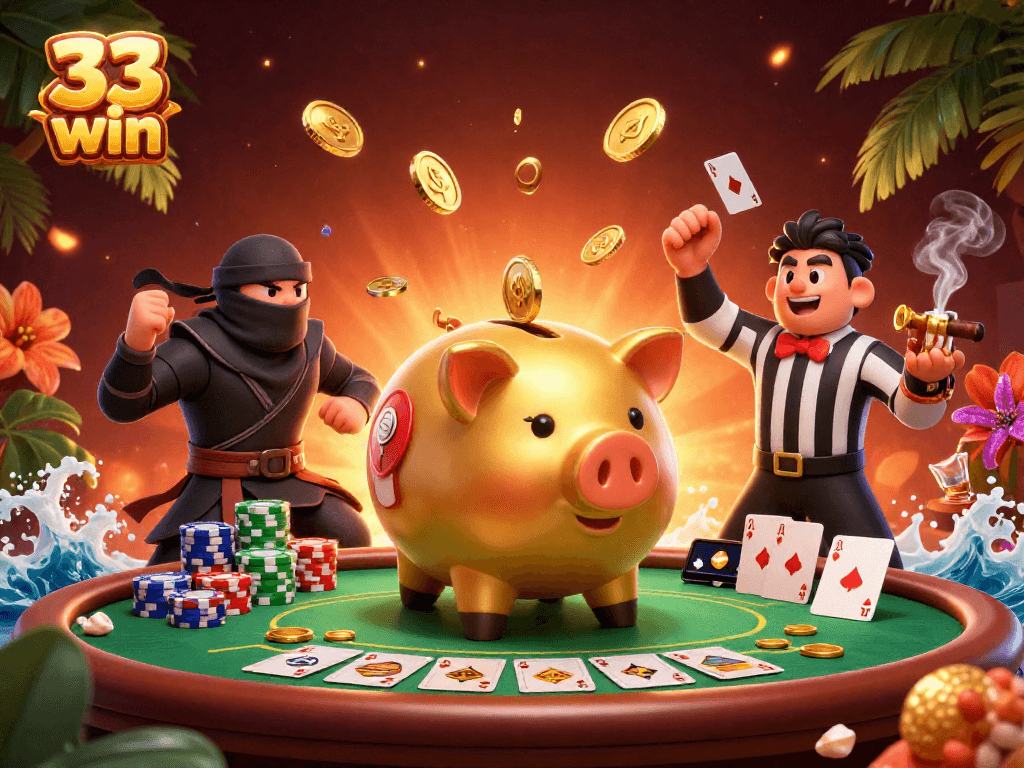 Experience winning moments with 33 win through a vibrant casino-themed illustration featuring dynamic characters.