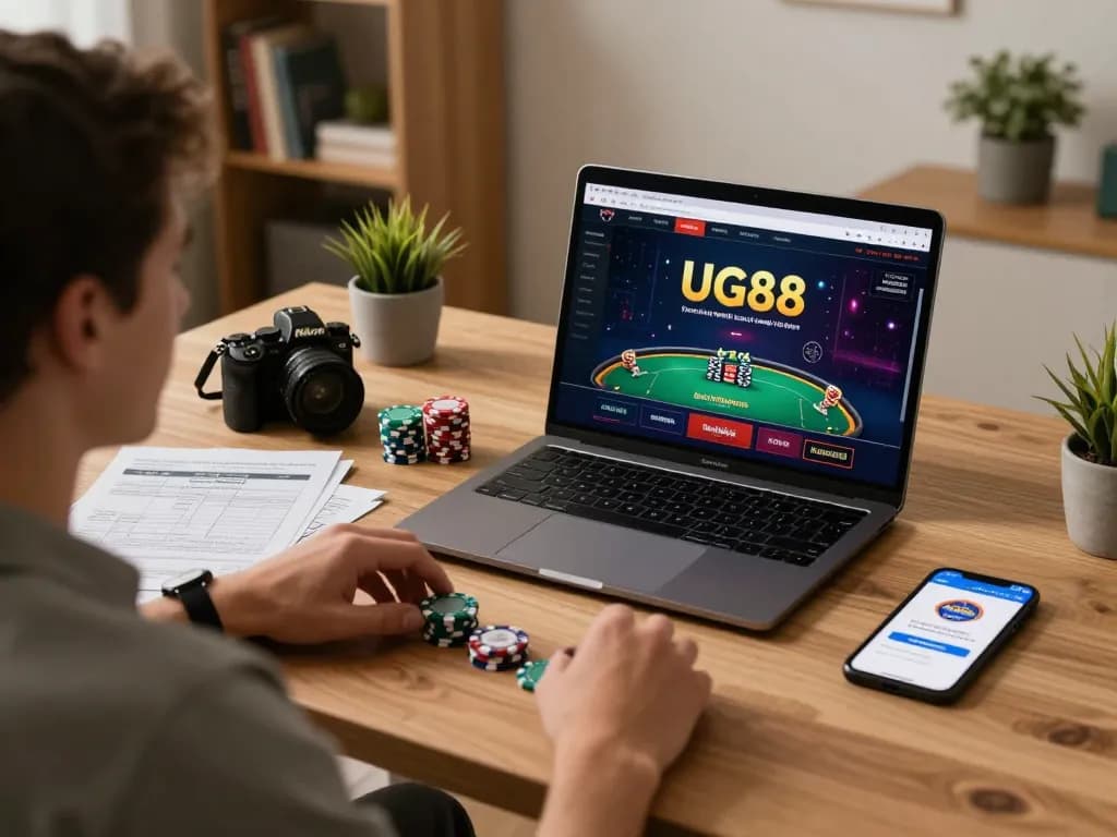 Player engaged in poker game on UG88's online platform with strategic notes in cozy setting.