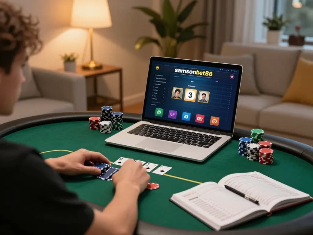 Engaged user strategizing poker gameplay experience on samsonbet86 online platform in a cozy living room.