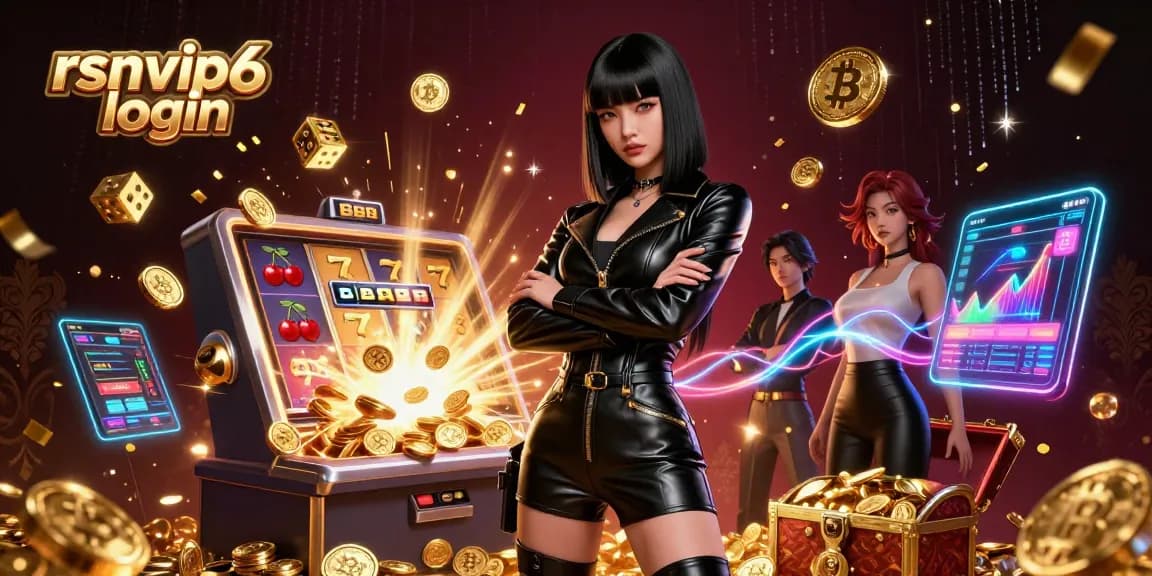 Experience winning with rsnvip6 login, featuring a stunning scene of jackpots and modern casino elements.