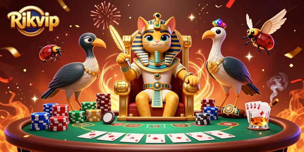 Experience thrilling poker gameplay with Rikvip in this vibrant 3D illustration showcasing a pharaoh cat, chips, and cards.