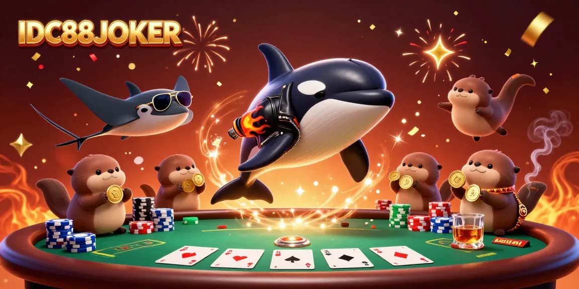 Experience thrilling gameplay with IDC88JOKER, featuring a cartoon orca and sea otters celebrating victories.