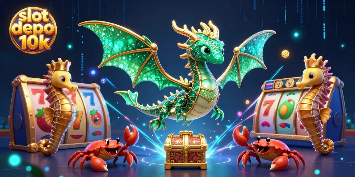 Experience the thrill of slot depo 10k with a vibrant 3D dragon and slot elements in an engaging casino scene.