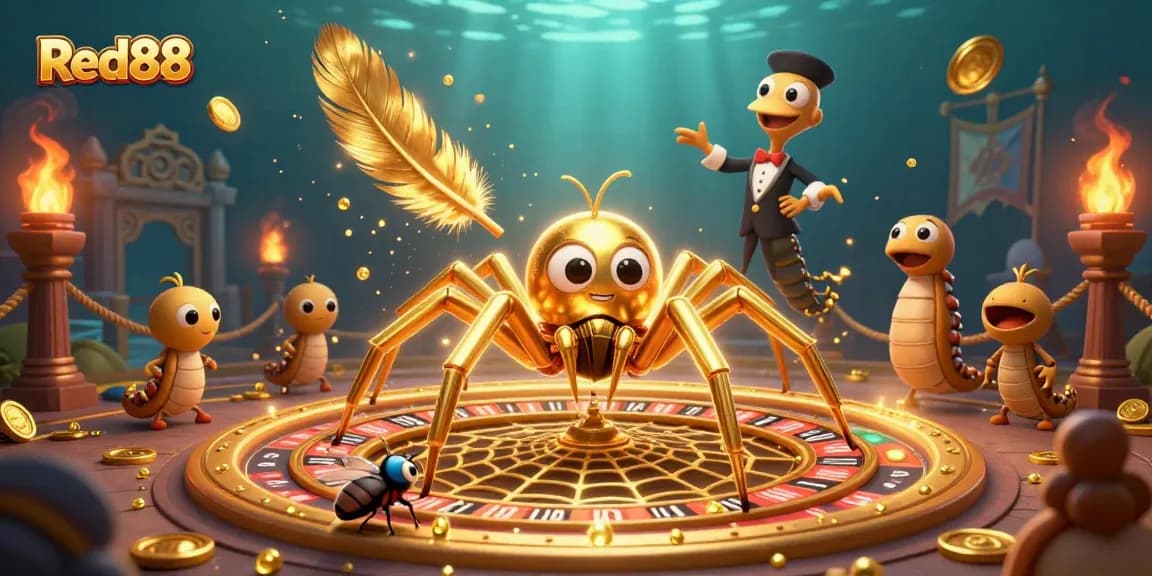 Bet on Red88 as a cartoon spider spins a roulette wheel web surrounded by engaging gambling elements.