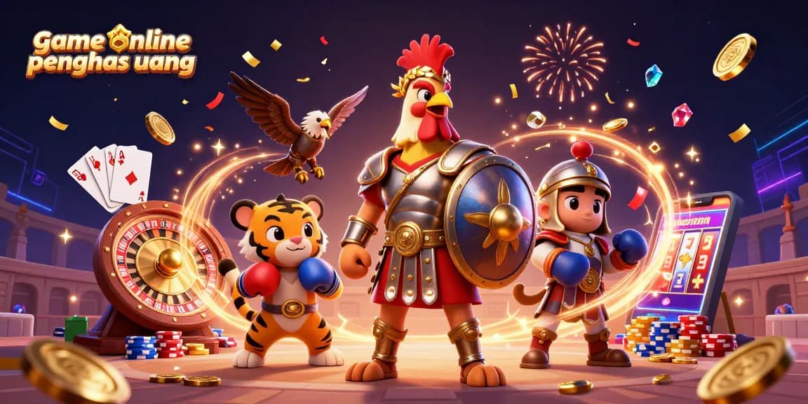 Bermain game online penghasil uang dengan karakter ayam jantan gladiator dan elemen kasino yang menakjubkan.