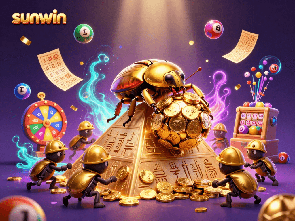 Experience the thrill of sunwin as a golden dung beetle rolls coins amidst lottery excitement.
