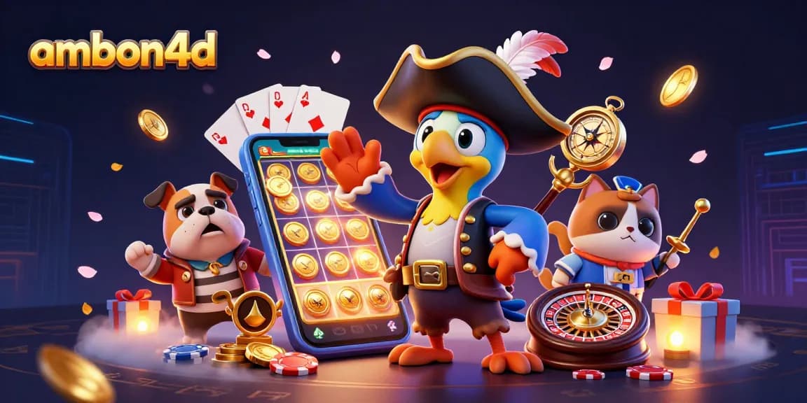 Join the adventure with ambon4d as the pirate captain parrot leads a thrilling casino escape, surrounded by slot games and gold coins.
