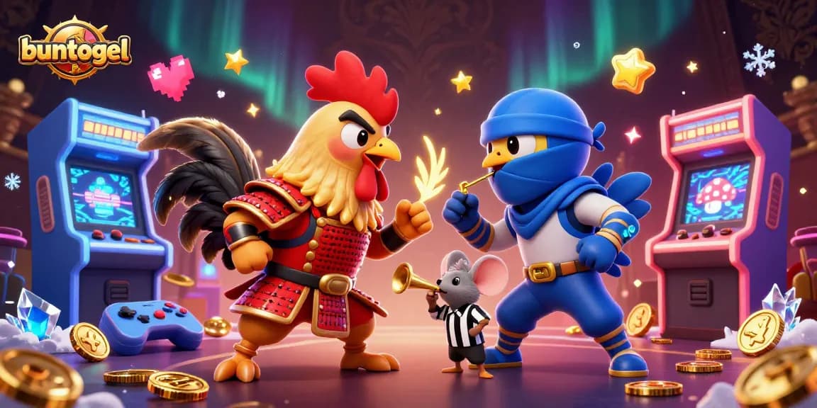 Buntogel features exciting cartoon roosters in combat, highlighting dynamic gambling elements.