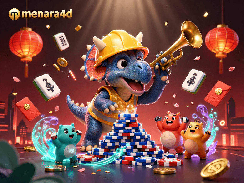 menara4d merayakan kemenangan dengan triceratops membangun piramida chip poker sementara para pemandu bersorak