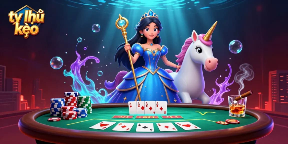 Experience tỷ lệ kèo excitement with this vibrant 3D casino scene showcasing poker elements and magical characters.