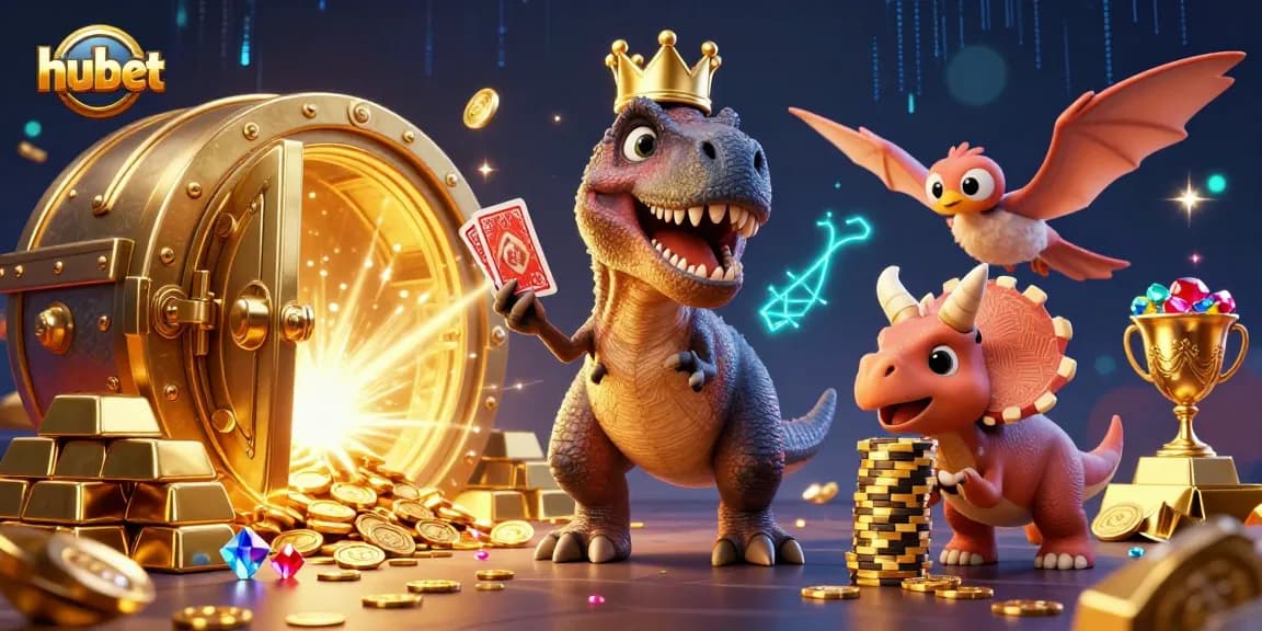hubet players engage in thrilling card games with a T-Rex and friends, surrounded by treasures.