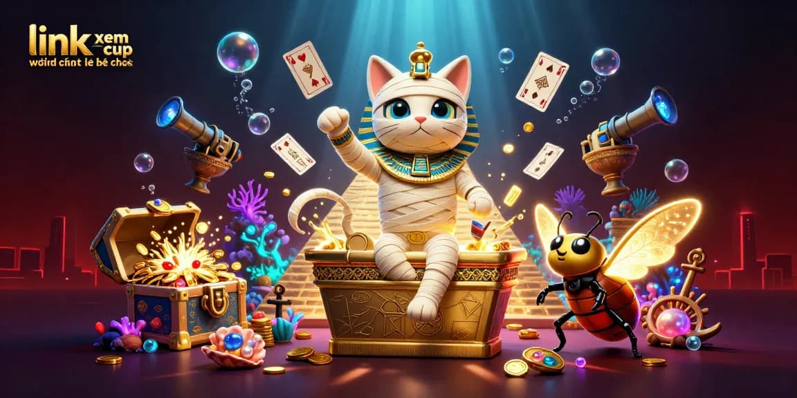 Engage with the dynamic scene of an Egyptian mummy cat emerging from a casino, showcasing the link xem world cup không bị chặn at its vibrant core.