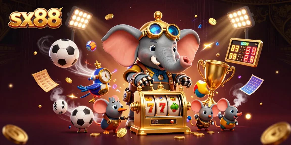 SX88 players spin the golden slot machine amid dynamic sports elements and rich textures.