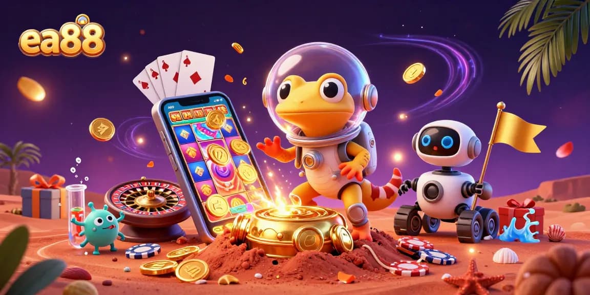 ea88 Martian gecko explores a casino, surrounded by vibrant gambling elements.