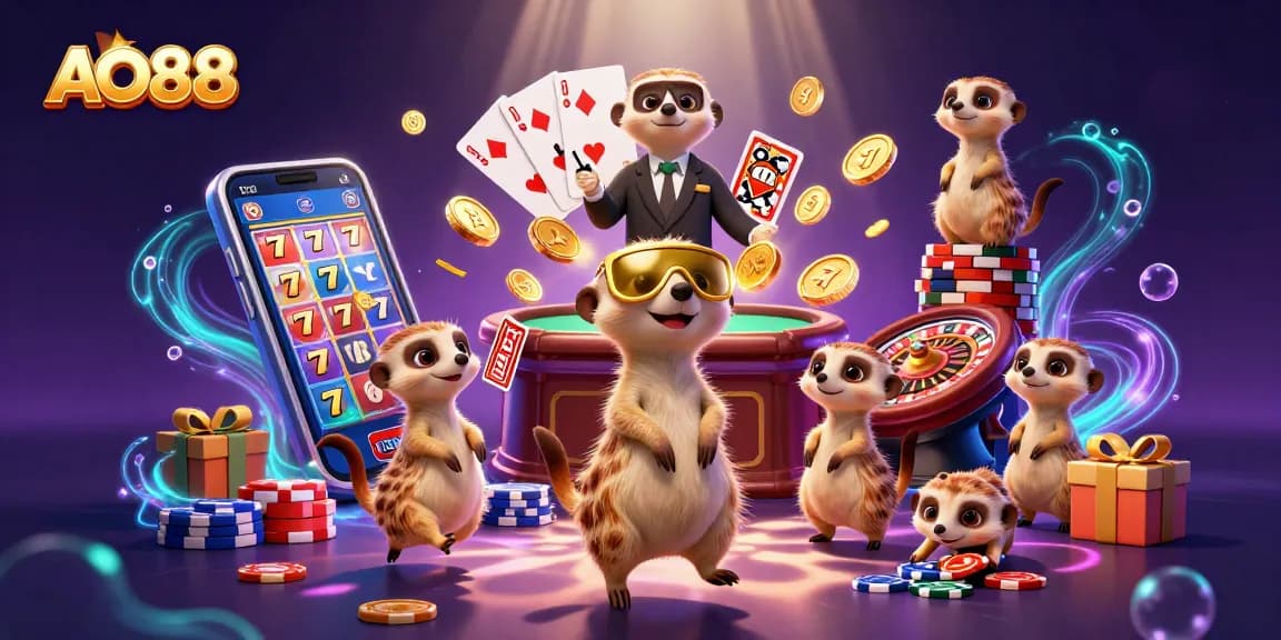Engage with AO88 as meerkats run a vibrant casino operation with colorful slot games.