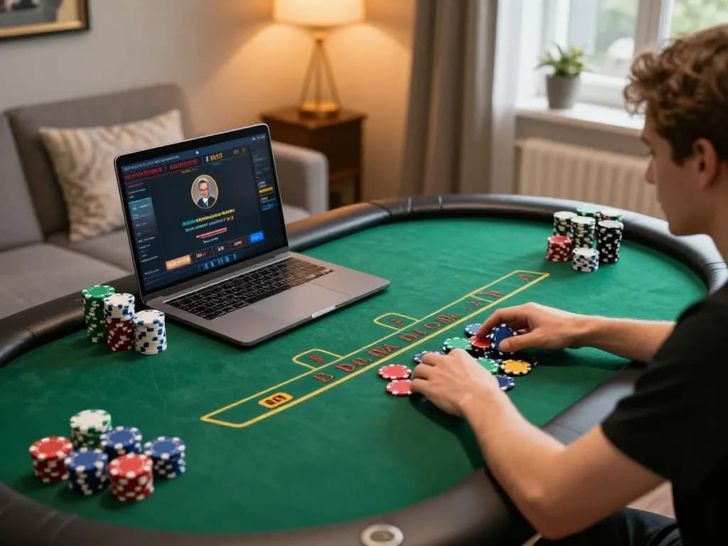 KADAL778 players enjoying an online poker game, showcasing strategy and skill in a cozy environment.