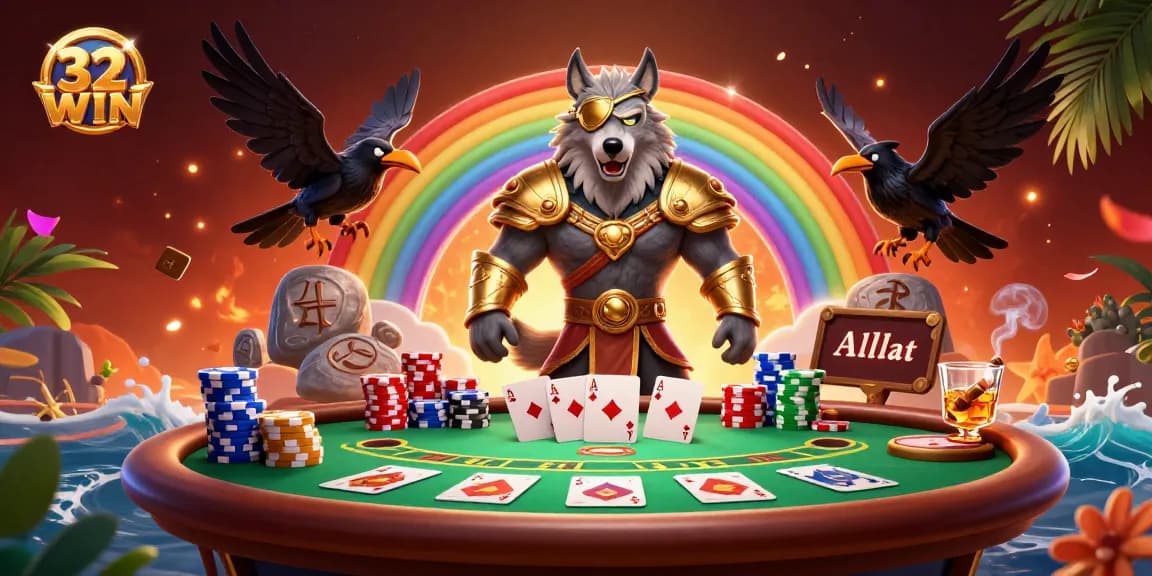 Experience thrilling gameplay at 32WIN with Odin and ravens amidst a vibrant casino backdrop.