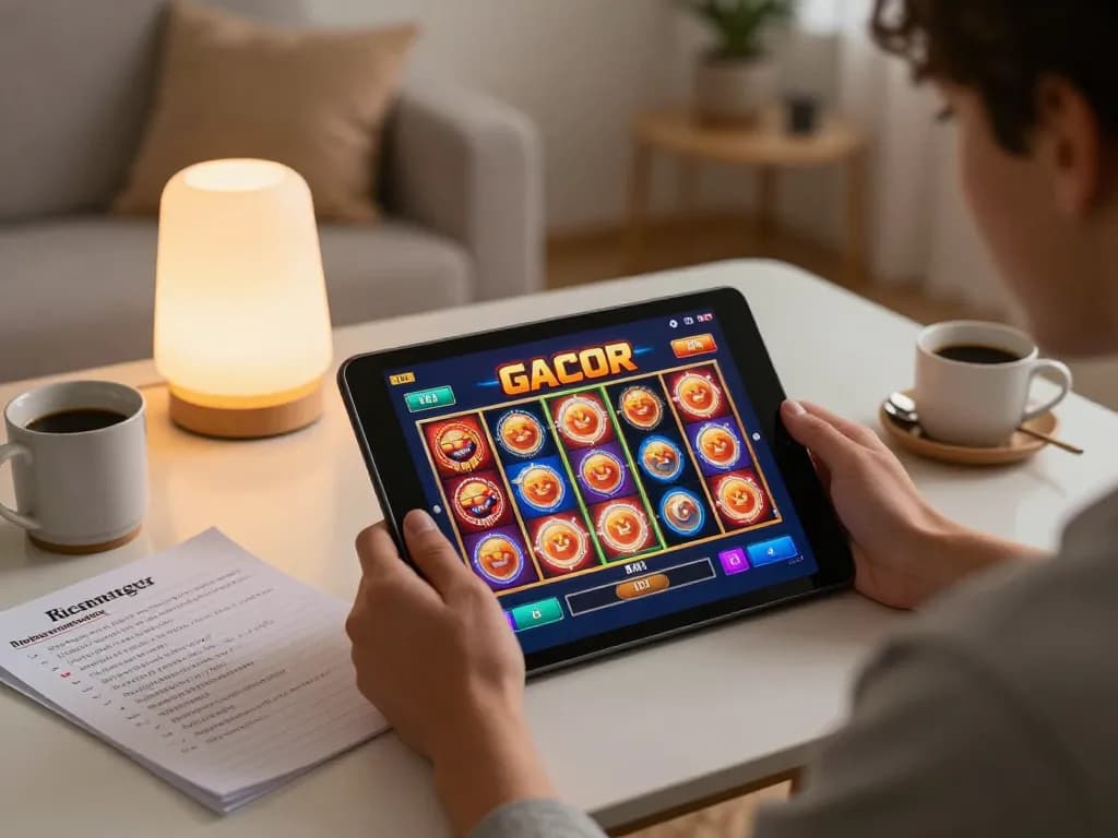 Engaging in slot gacor gameplay on a tablet in a cozy living room, highlighting strategic betting.