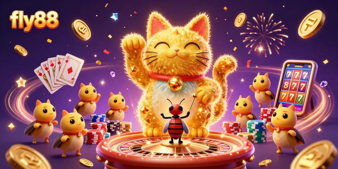 Enhance your gaming experience at fly88 with a golden lucky cat and dynamic casino elements.
