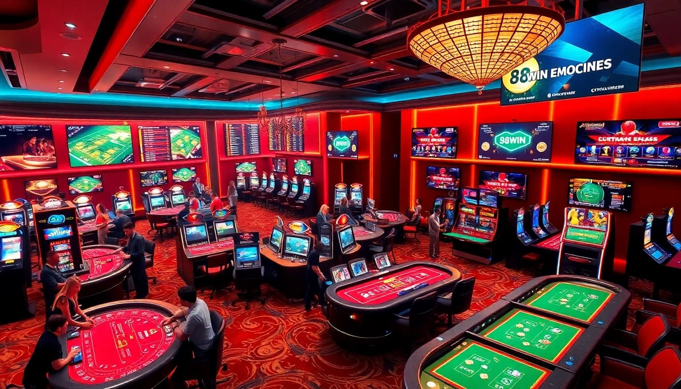 Experience the excitement of 98win's vibrant online casino with players, gaming tables, and live sports betting displays.
