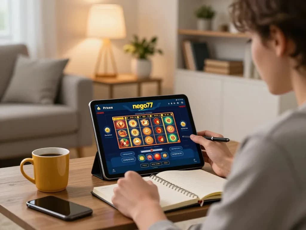 Nego77 user analyzing games on tablet in a cozy home setting for online gambling strategies.