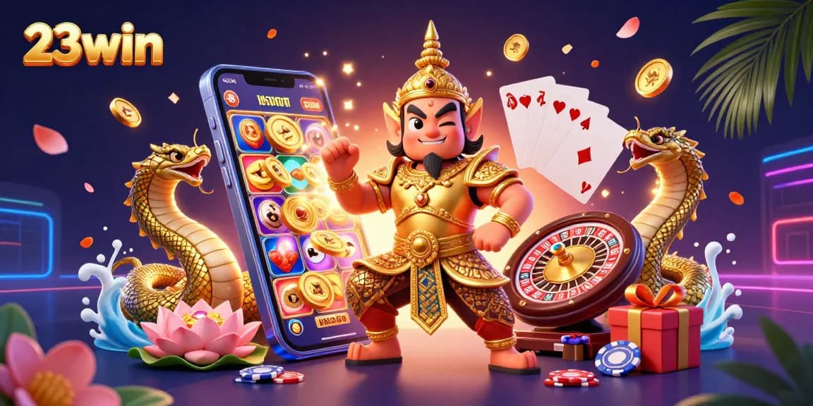 Engage with 23win's vibrant casino atmosphere featuring a golden guardian, Naga companions, and dynamic gaming elements.