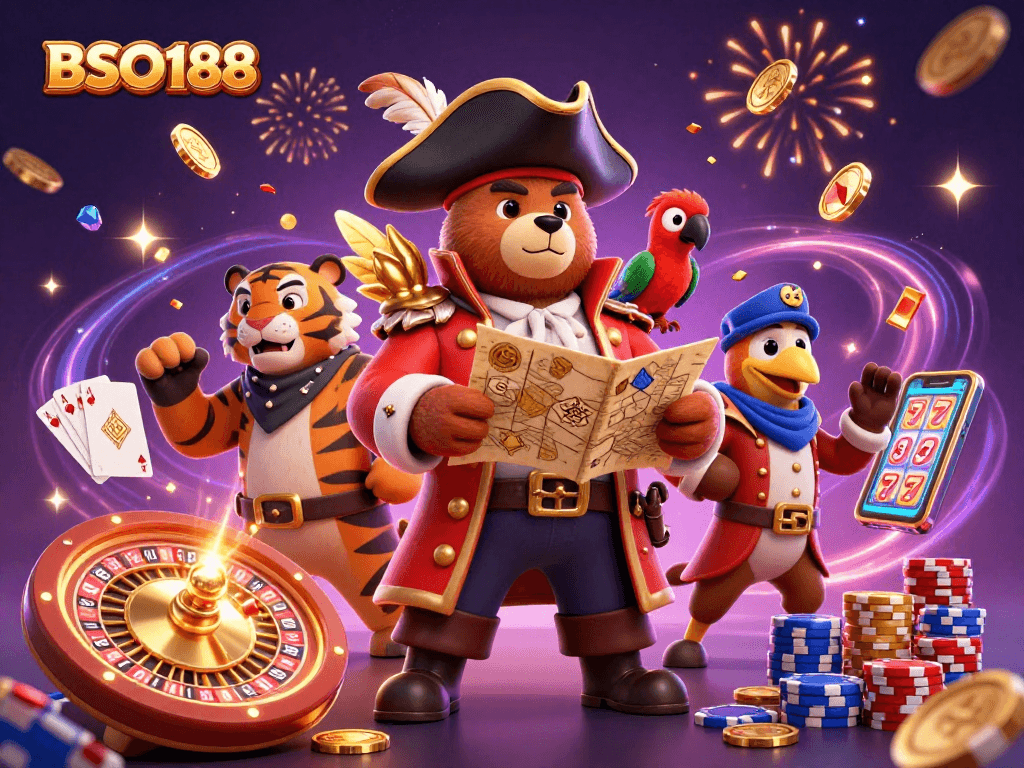 Experience the thrill of BSO188 with a pirate bear, tiger, and treasure amid casino excitement.