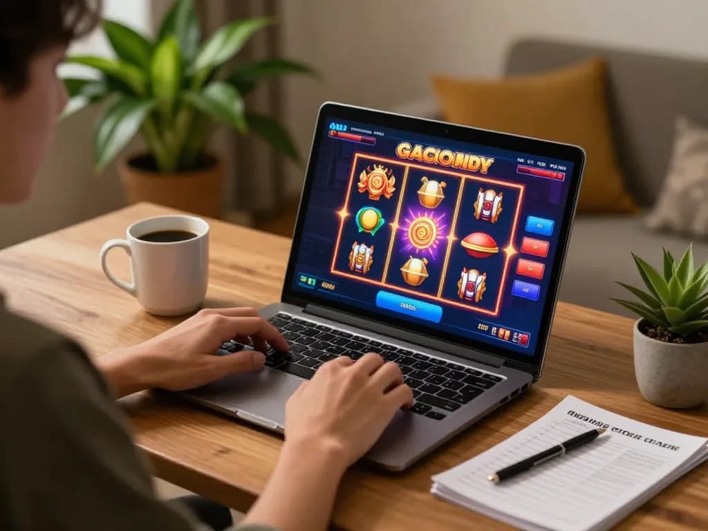 Player enjoying exciting slot gacor gameplay on a laptop in a cozy home setting