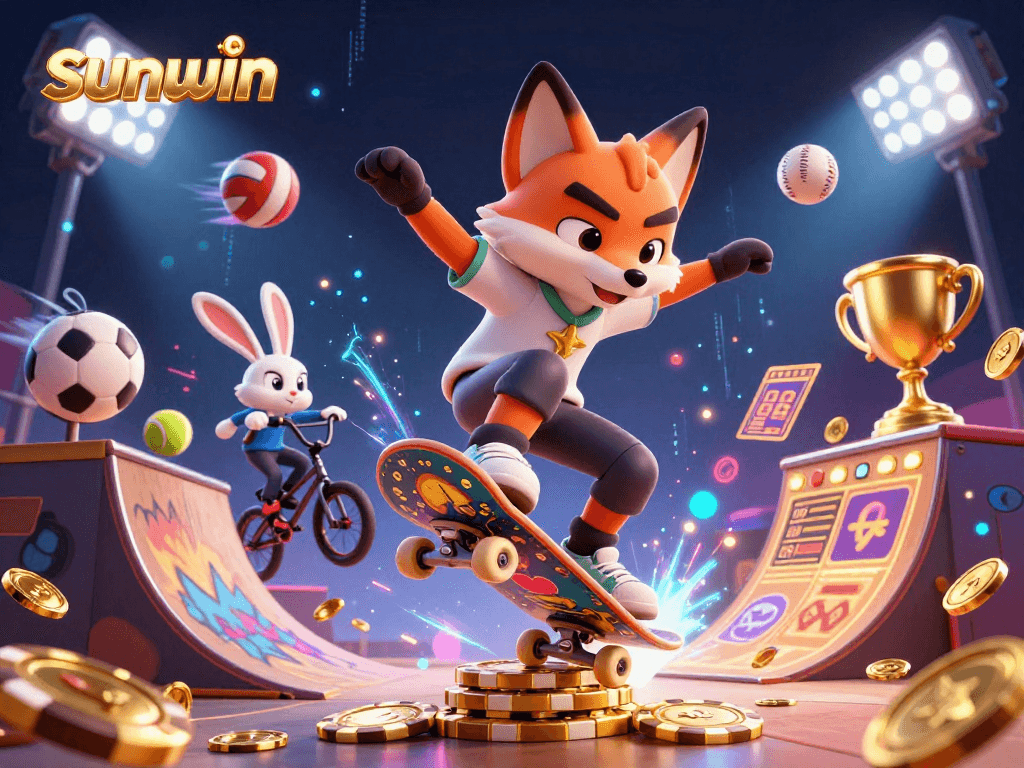Engage in thrilling gameplay at sunwin with a dynamic 3D casino scene featuring a skateboarder fox and BMX rabbit.