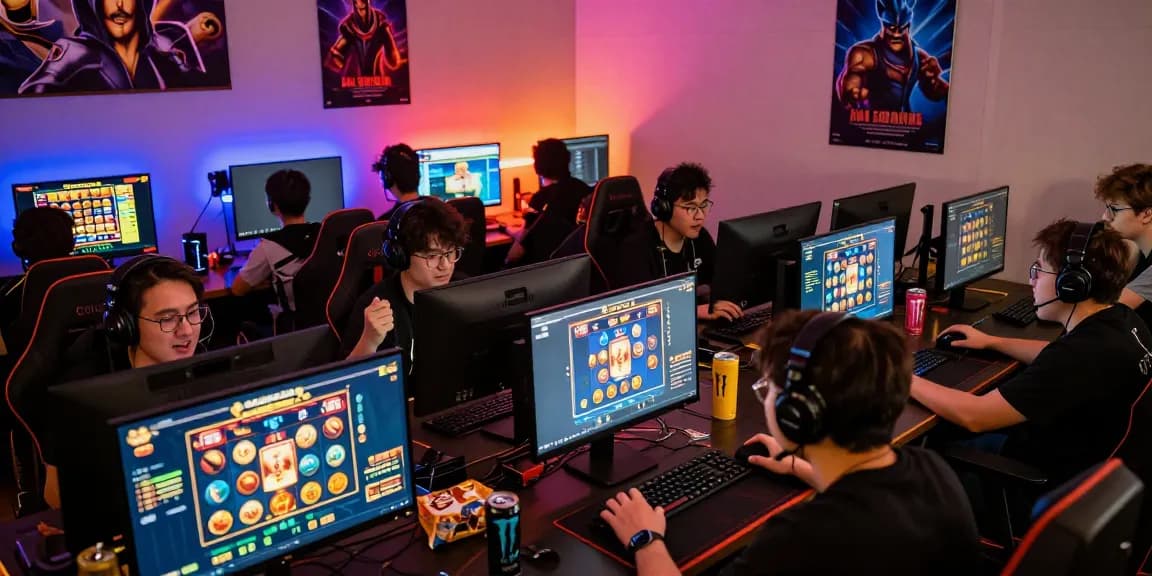 Exciting gamers enjoying Nagahitam303 Slot games in a vibrant online gaming setup