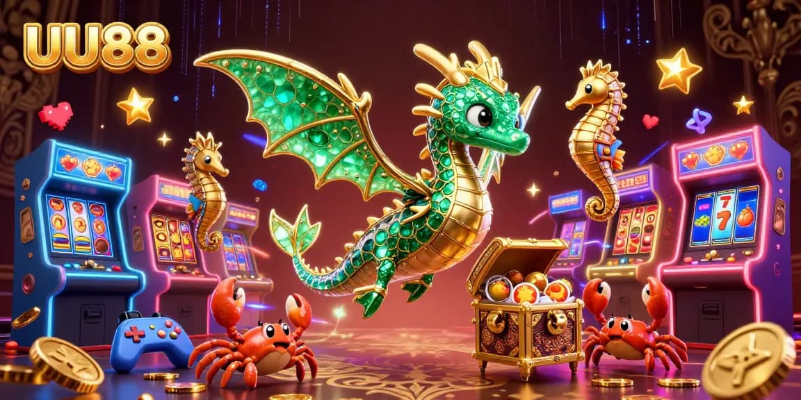 Spin the reels at UU88 casino with a vibrant treasure-filled scene featuring animated characters and gaming elements.
