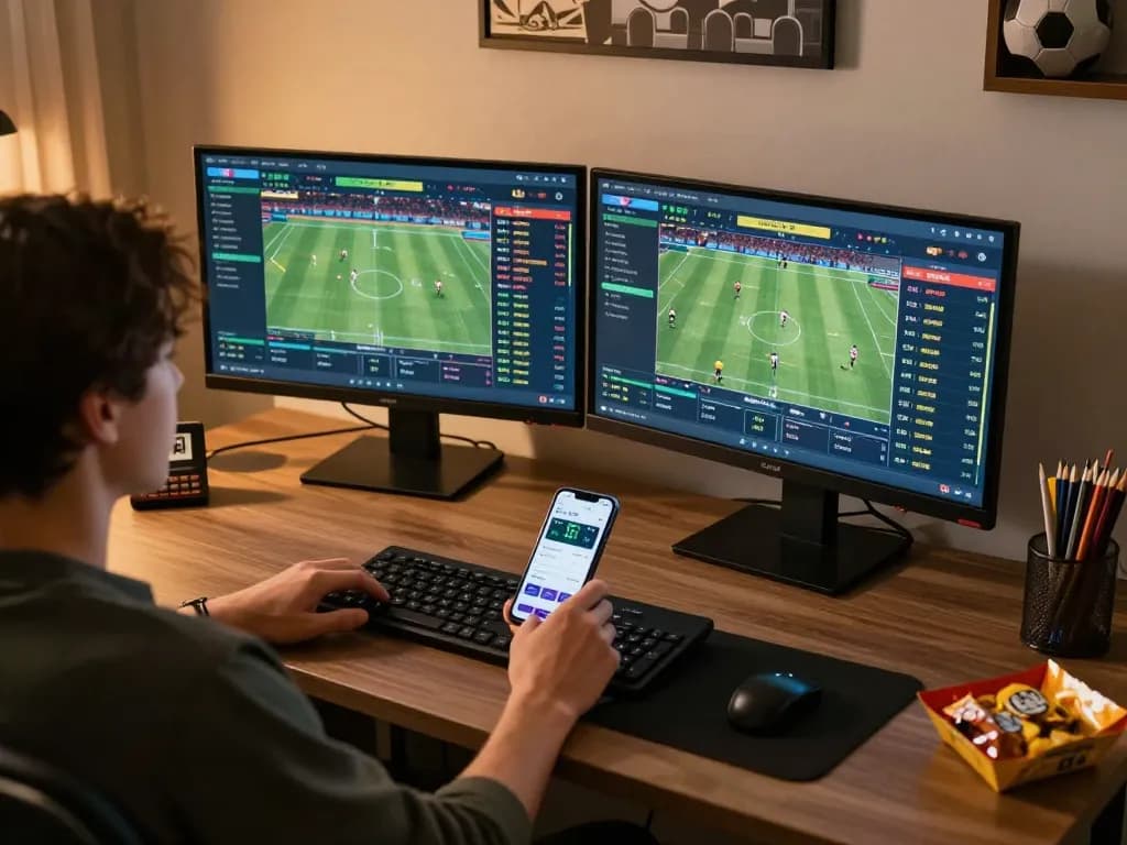 KQBD online sports betting setup with dual monitors showing live odds and scores.