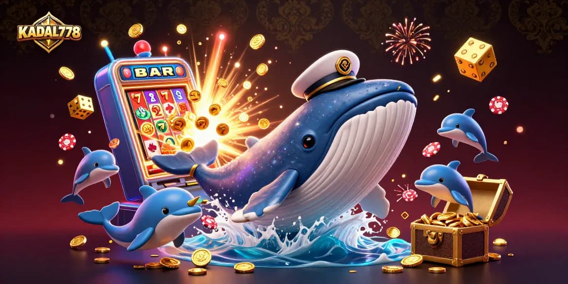 KADAL778 showcases a vibrant underwater gambling scene with a cartoon whale, dolphins, and slot machines exploding with gold.