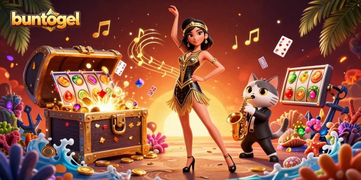 Engage in thrilling games with buntogel as a vibrant flapper woman dances amid coins and slot reels.