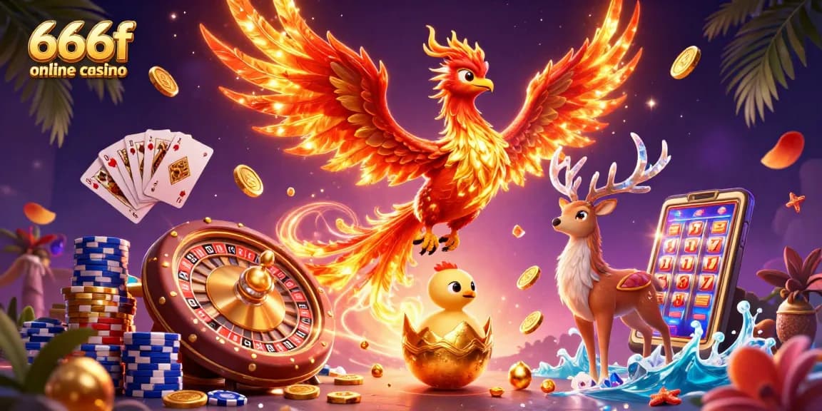 Engage in exciting games at the 666f online casino with vivid illustrations of dynamic casino elements.